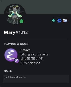 Discord profile of a user playing Emacs